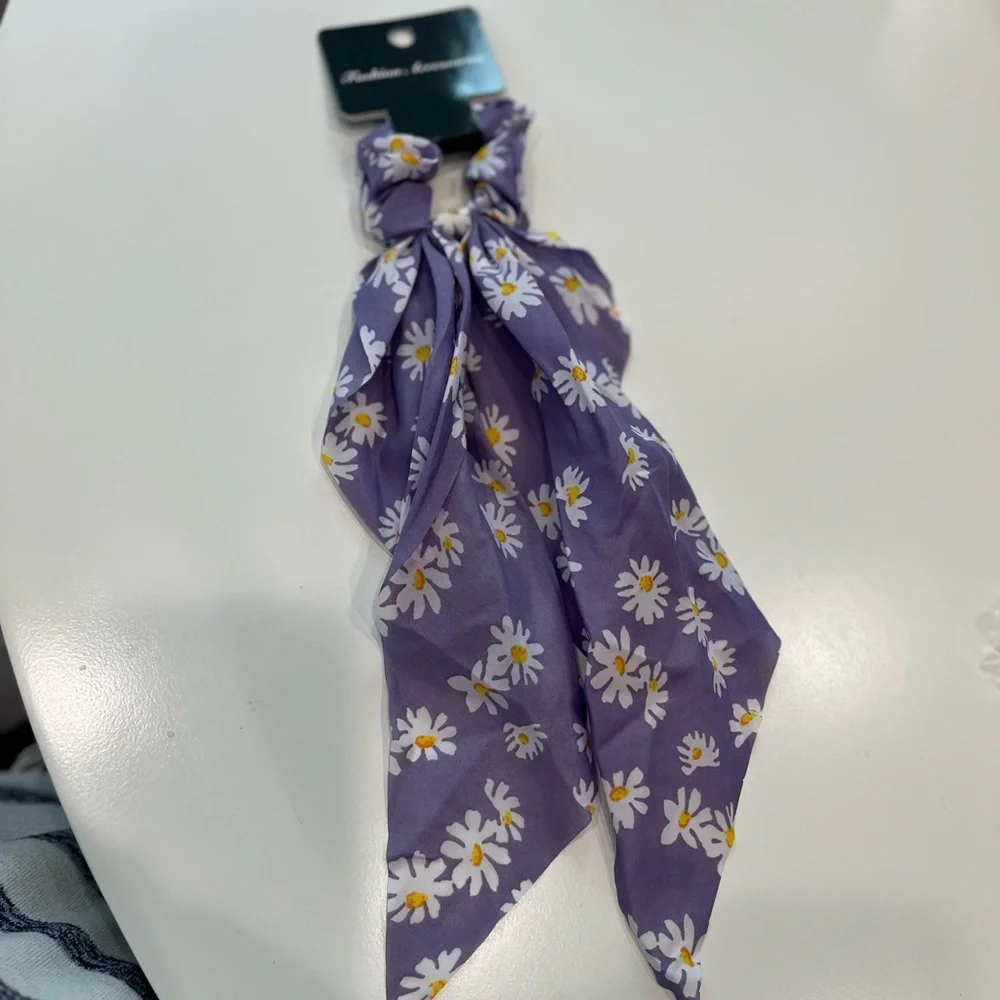 Purple Ponytail Scrunchie Scarf Daisy Print Chiffon